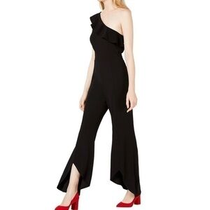 Bar III Midnight Bloom One Shoulder Ruffle Trim Slit Flare Jumpsuit